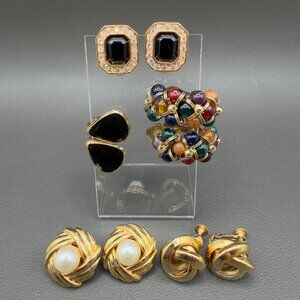 Vintage Clip On Earrings Lot of 5 Gold Tone Rhinestone Napier Roman